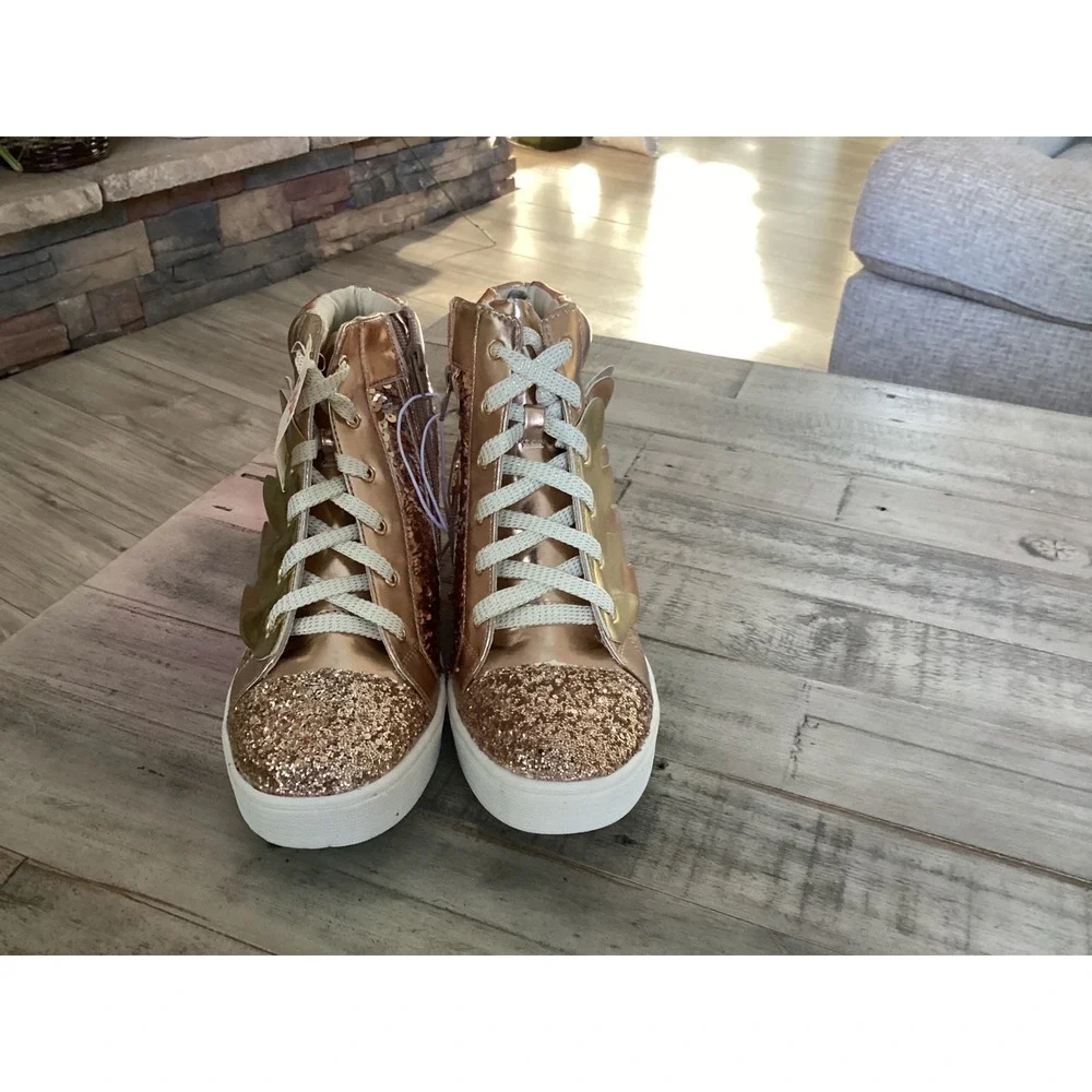 Justice Girls Rose Gold Sequin Winged High Top Sneakers Size 9 Glitter Metallic